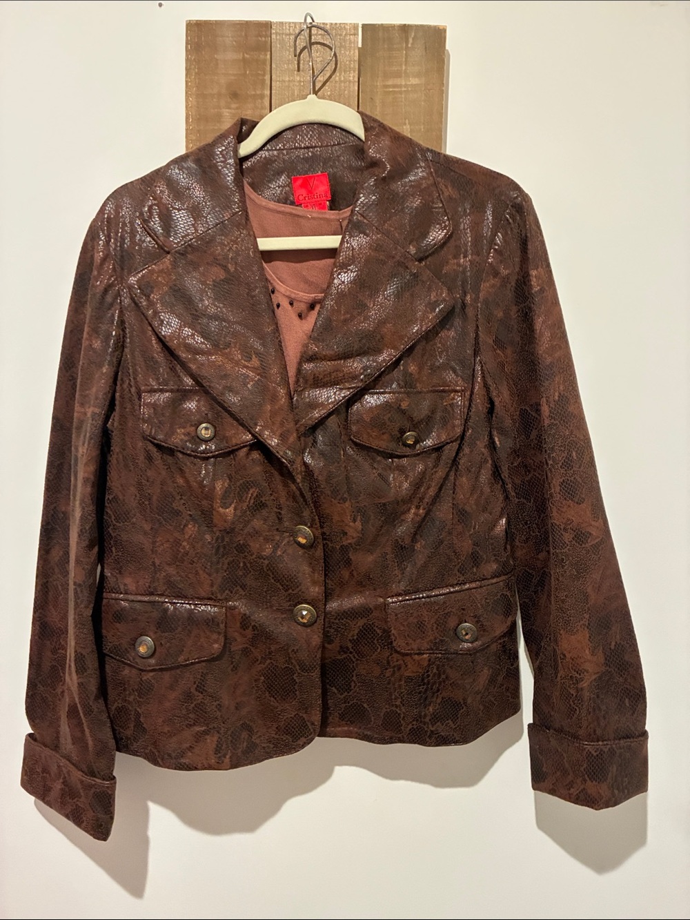 Christina Brown Faux-Snakeskin Button-Front Blazer